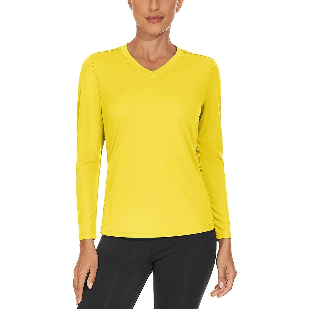 Sun-protective yellow women's long sleeve top, V-neck, breathable, quick-dry, anti-pilling, UPF 50+, ideal for outdoor sports.